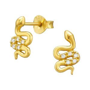 14K Gold Vermeil Snake Stud Earrings | 10 CZ Stones
